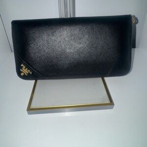 Prada Black Saffiano Leather Zip Pouch with Gold Logo